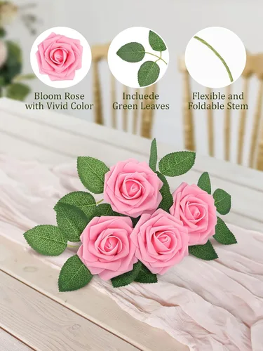 Miniatura 3 de MACTING Flores artificiales, 30 unidades, flores rosas falsas con tallo de espuma suave al tacto real para regalos del día de San Valentín, ramo