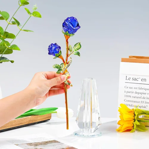 Miniatura 6 de YWHL Figura de flor de rosa azul hecha a mano con florero, ramo de flores de cristal, adorno de rosas para novia, hermana, mujer, flor de cristal