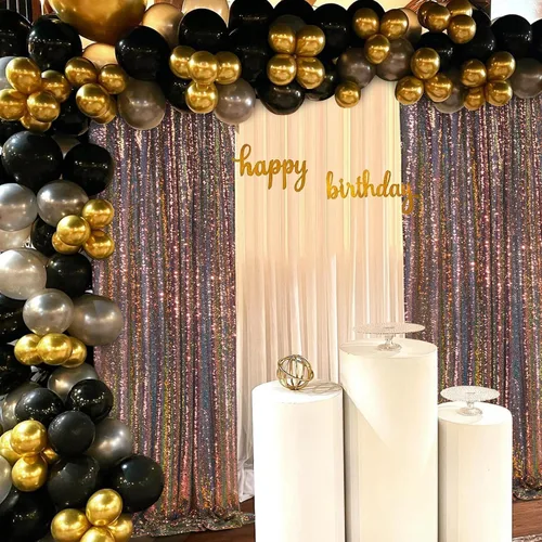 Miniatura 6 de Cortinas de fondo de lentejuelas brillantes, 4 piezas de 2 x 8 pies, fondo de fiesta de cumpleaños en negro y dorado, cortinas de lentejuelas Negro