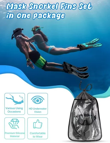 Miniatura 6 de Juego de Máscara y Aletas de Esnórquel, Equipo de Esnórquel para Adultos, Máscara de Esnórquel con Vista Panorámica Anti-Vaho, Aletas de Buceo