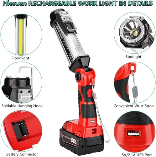 Miniatura 5 de Luz de trabajo LED inalámbrica compatible con batería Milwaukee de 18V, Hiesuan linterna de camping portátil de 35W 2000LM para exteriores