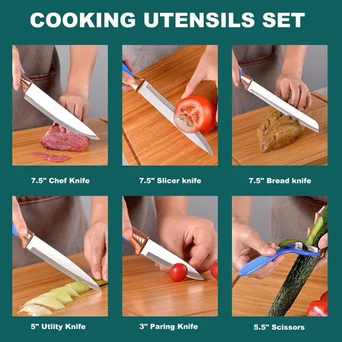 Miniatura 4 de Juego de utensilios de cocina de 13 piezas, juego de utensilios de cocina de silicona azul con 5 cuchillos de cocina, juego de espátulas no tóxicas