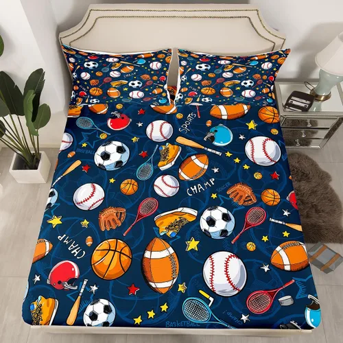 Miniatura 2 de Erosebridal Juego de sábanas de pelotas de tenis para niños y adolescentes, sábana bajera ajustable con temática de juego, sábana superior