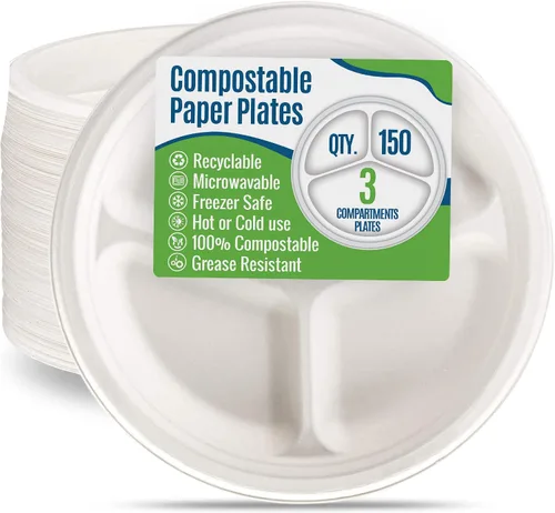Miniatura 7 de Platos de papel blanco, 7 pulgadas, 150 unidades, fibra de caña de azúcar de grado alimenticio, compostable y biodegradable, para microondas