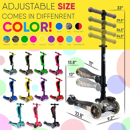 Miniatura 7 de Hurtle Patinete de 3 ruedas para niños, luces LED de ruedas, manubrio ajustable de inclinación para dirigir y asiento plegable, paseo sentado