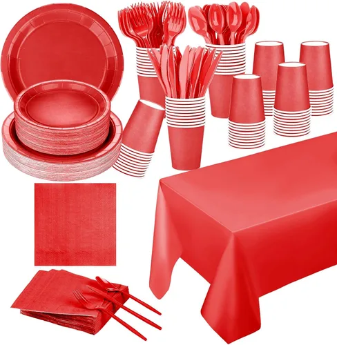 Juego de 229 piezas de suministros rojos para fiestas, platos desechables de papel, vasos, cucharas de plástico, tenedores, cuchillos, servilletas