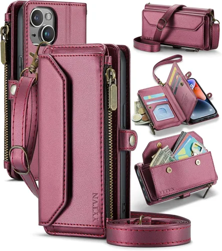 Funda tipo cartera para iPhone 13 con tarjetero con cremallera y correa de cordón cruzado y correa de muñeca, bloqueo RFID, de piel sintética, Rojo