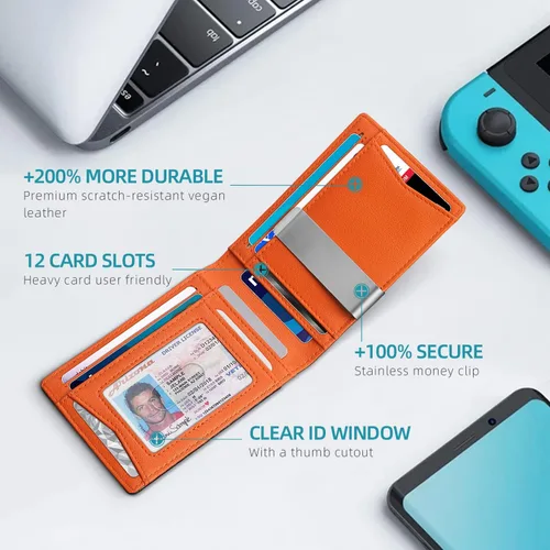 Miniatura 32 de Zitahli - Billetera delgada con 12 ranuras para tarjetas, ventana de identificación con clip para dinero, bolsillo frontal RFID plegable, pequeña