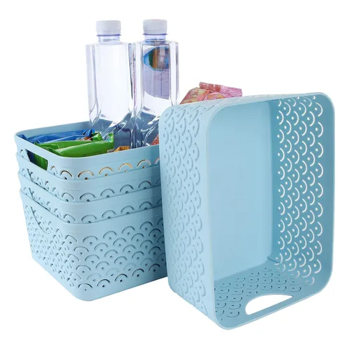 STARVAST 5 paquete de cestas de almacenamiento de plástico, caja de almacenamiento de escritorio hueca portátil con patrón de escamas de pez azul
