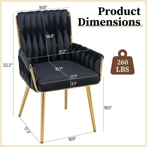 Miniatura 3 de ABET Silla de escritorio de oficina sin ruedas, silla de tocador de terciopelo tejido con respaldo y reposabrazos, cómoda y tapizada con patas