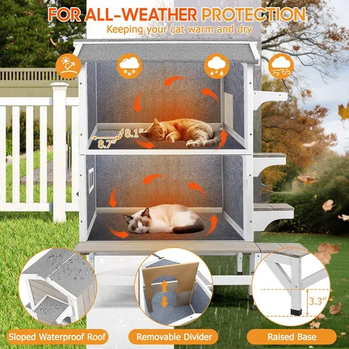 Miniatura 4 de PetsCosset Casa Aislada para Gatos de Exterior Resistente a la Intemperie con Balcón, Aislamiento Integral, Refugio de Madera para Gatos Ferales
