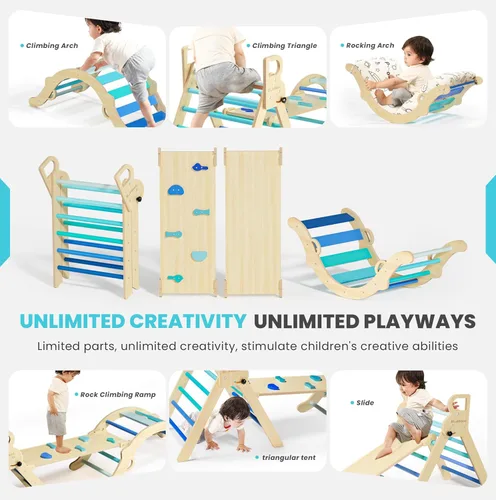 Miniatura 3 de BlueWood Conjunto de Triángulo Pikler con Cojín, Juguetes de Escalada 8 en 1 para Niños Pequeños, Gimnasio de Juegos de Filosofía Montessori