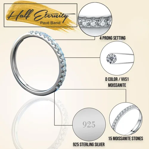 Miniatura 4 de Anillo redondo de moissanita con pavé de media eternidad para mujer, de 0.33 quilates, plata de ley 925, rodio