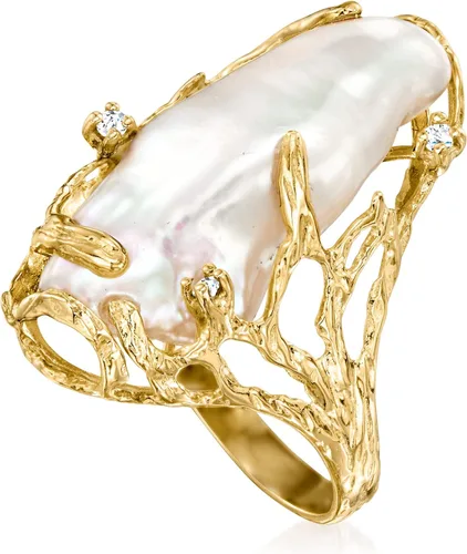 Miniatura 4 de Ross-Simons Anillo de perlas barrocas cultivadas de 0.394 x 0.945in con detalles de diamantes en oro amarillo de 14 quilates, Perla, multi