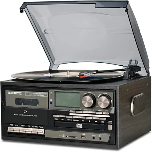 LoopTone Reproductor de Discos de Vinilo 9 en 1, Tocadiscos Vintage de 3 Velocidades con Bluetooth, Tocadiscos CD, Reproductor de Casete, Radio