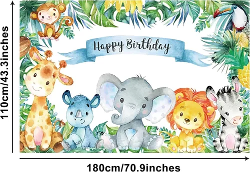 Miniatura 4 de Renaiss Cartel de feliz cumpleaños de 6 x 3.6 pies, decoración de fiesta infantil de animales salvajes de safari, selva tropical, decoración