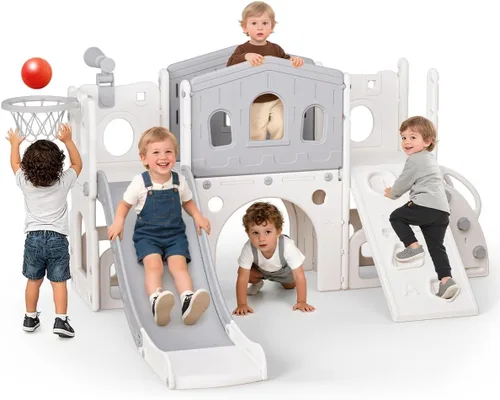Miniatura 13 de Juego de Tobogán para Niños con Aro de Baloncesto y Telescopio, Tobogán Interior y Exterior para Niños Pequeños y Escalador para Niños y Niñas, Gris