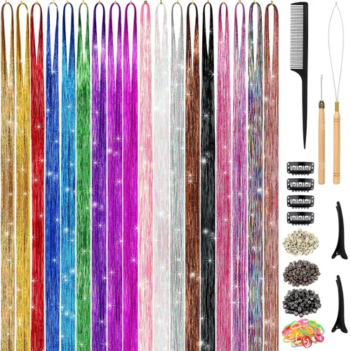 Kit de oropel para el cabello (48 pulgadas, 18 colores, 4320 hebras), extensiones de cabello de oropel con herramientas, kit de oropel de pelo de