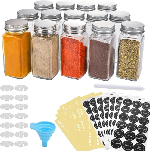 AOZITA 14 pzas tarros de vidrio para especias con etiquetas de especias - botellas de especias cuadradas vacías de 4 onzas - tapas agitadoras y