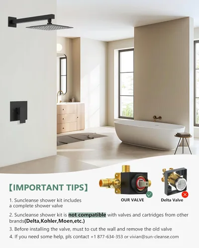 Miniatura 3 de SunCleanse Juego de grifo de ducha color negro mate con válvula, sistema de ducha de baño que incluye cabezal de ducha de acero inoxidable y brazo