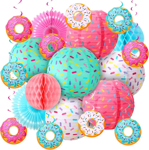 Miniatura 6 de Hortsun 19 piezas de decoración de fiesta de cumpleaños con forma de dona, faroles colgantes con temática de donas, decoración de papel