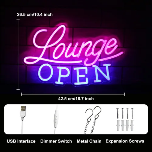 Miniatura 2 de Letrero de neón con texto en inglés "Lounge Abierto" VIP Lounge, luz de neón, rosa y azul, letra LED, regulable, letreros de negocios, letreros Rosa