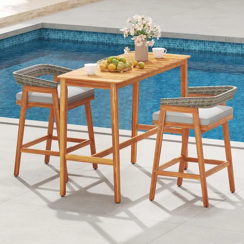 Miniatura 4 de Tangkula Juego de barra de patio de 5 piezas, mesa de madera de acacia para exteriores con 4 taburetes acolchados con respaldo de ratán curvado