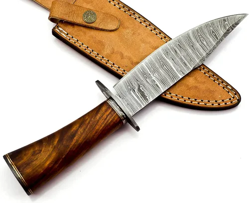 Miniatura 3 de Nooraki BK-348 Cuchillo Bowie hecho a mano de acero de Damasco con funda de cuero, cuchillo multiusos, mango de palisandro con protector de damasco