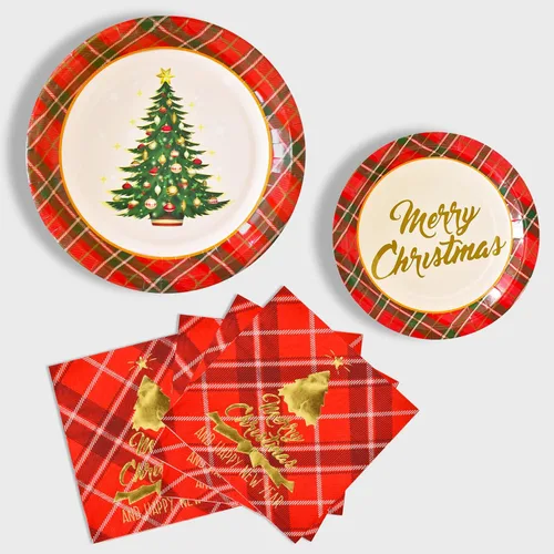 Miniatura 3 de Suministros de fiesta de Navidad Gatherfun, decoración de árbol de Navidad, platos de papel desechables rojos con diseño de cuadros para cena