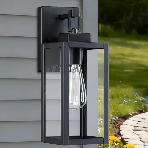 Miniatura 8 de Paquete de 2 apliques para exteriores, farol de pared de 12 pulgadas, aplique exterior pequeño de metal y vidrio, faroles negros para exteriores