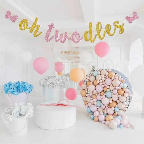 Miniatura 6 de Cartel de Oh Twodles – Decoración de fiesta de feliz segundo cumpleaños para niñas – tema de ratón de dibujos animados, suministros de decoración