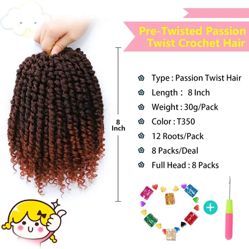 Miniatura 3 de Fulcrum Cabello Passion Twist de 8 pulgadas, 8 paquetes de cabello de ganchillo Passion Twist para mujeres negras, cabello pretrenzado de ganchillo