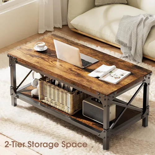 Miniatura 5 de Mesa de café rectangular para sala de estar, mesa de café rectangular de madera, mesa central industrial moderna de 2 niveles con tablero engrosado