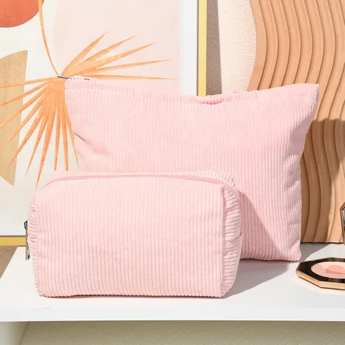Miniatura 6 de SOIDRAM 2 Piezas Bolsa de Maquillaje Grande de Corduroy, Bolsa de Cosméticos de Lona de Gran Capacidad, Bolsa de Viaje y Artículos de Aseo, rosado