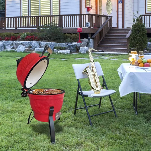 Miniatura 9 de Vasitelan Parrilla de Cerámica, Parrilla Portátil de Cerámica de Carbón de 13 pulgadas, Parrilla de Carbón Kamado BBQ (Naranja)