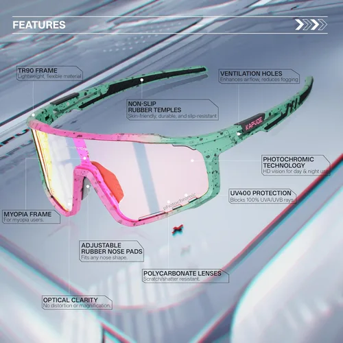 Miniatura 4 de KAPVOE Gafas de ciclismo fotocromáticas para hombres y mujeres, gafas de sol deportivas, marco de decoloración HD, gafas de bicicleta K76 Verde Rojo