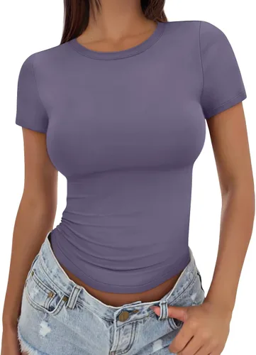 Miniatura 22 de Trendy Queen - Camisetas básicas para mujer, camisetas de verano, manga corta, ajustadas, linda ropa de entrenamiento para gimnasio