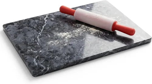 Miniatura 20 de Diflart Tabla de cortar de piedra de mármol natural para cocina, 16x16 pulgadas, negra, tabla de mármol grande para repostería con pies
