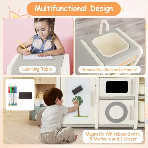 Miniatura 5 de Costzon Organizador de almacenamiento de juguetes para niños, estante multiuso Montessori para juguetes con cajones extraíbles, pizarra blanca