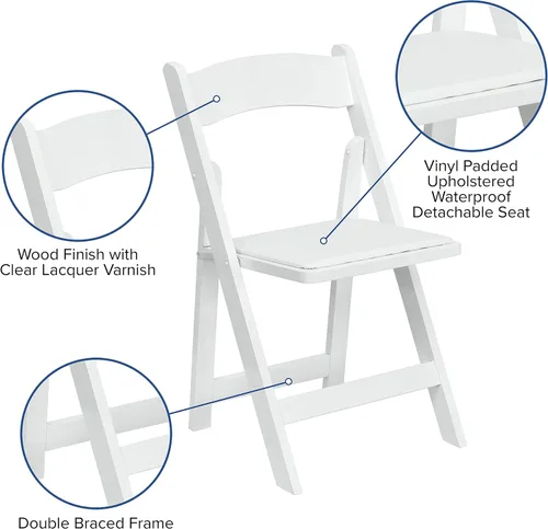 Miniatura 5 de EMMA + OLIVER Paquete de 2 sillas plegables de madera blanca con asiento acolchado de vinilo Blanco