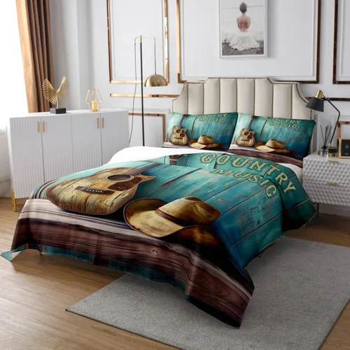 Miniatura 62 de Castle Fairy Cowboy Boots Bedspread Twin Size Bohemia Musical Guitar Coverlet Set Boys Bedroom Present Western Rustic Cowgirl Decor Bedding Set