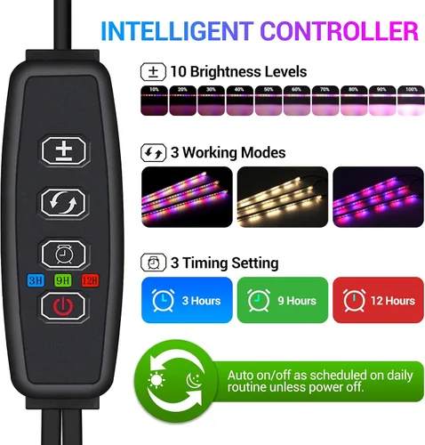 Miniatura 2 de Tiras de luces LED de cultivo para plantas de interior, 3 modos de trabajo y 10 niveles regulables, luces de plantas con temporizador de ciclo