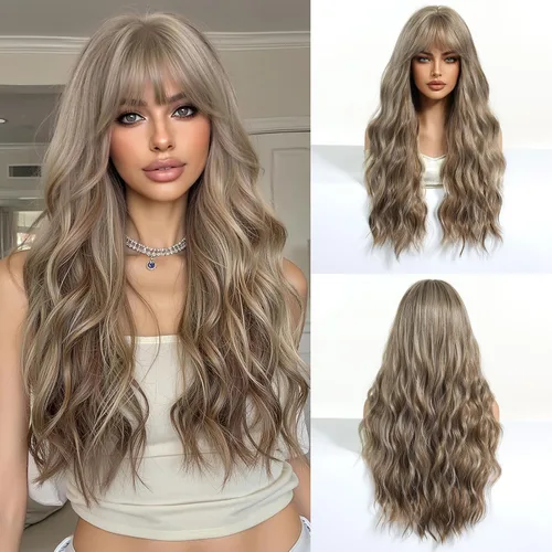 Esmee Pelucas largas onduladas de color rubio ceniza para mujer con flecos, peluca de cabello sintético natural para uso diario y de fiesta