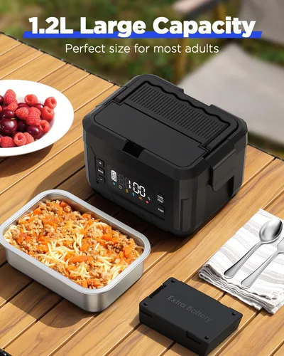 Miniatura 6 de Fiambrera eléctrica inalámbrica para adultos – Fiambrera autocalentable de acero inoxidable de 1.2L con baterías recargables extraíbles dobles