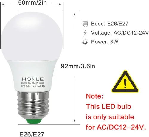 Miniatura 2 de Bombillas LED E26 de 12 a 24 V CA/CC, 3 W, bajo voltaje, blanco cálido, 3000 K, E27 Edison, base de tornillo estándar, equivalente a 25 W