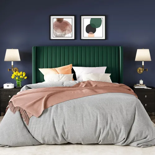 Miniatura 3 de Allewie Marco de cama de tamaño matrimonial/plataforma tapizada de terciopelo, cabecero con alas capitoné de canal vertical/listones de madera Verde
