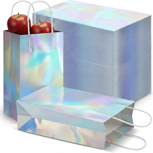 Estune - 30 bolsas de regalo iridiscentes a granel, holográficas, iridiscentes, con asa, 8.3 x 5 x 3.2 pulgadas, brillante, reutilizable, para