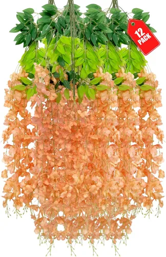 Miniatura 13 de Paquete de 12 flores colgantes de glicina rosa, flores colgantes falsas de 3.44 pies, guirnalda de glicina artificial para decoración de boda, telón