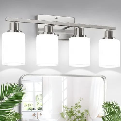 Miniatura 15 de Indoi Lámparas de baño de 4 luces, luces de tocador de níquel cepillado con pantallas de vidrio transparente, moderna lámpara de pared de baño