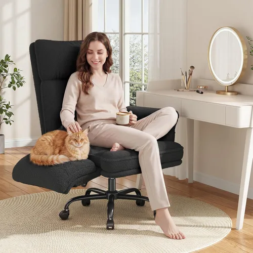 Miniatura 5 de DurayLoly Silla cruzada con ruedas y brazos, silla de tocador de felpa con bolsillos laterales, sillas de escritorio ajustables para oficina en Negro